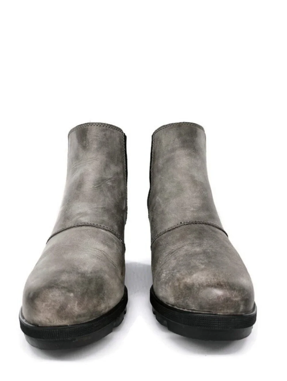 Sorel Joan of Arctic Grey Leather Waterproof Pull-On Lug-Sole Wedge Heel Boots